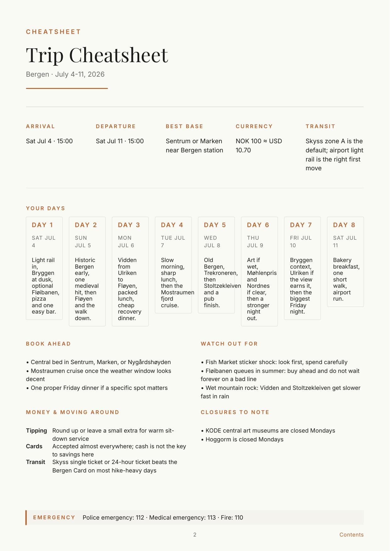 Bergen trip cheatsheet page