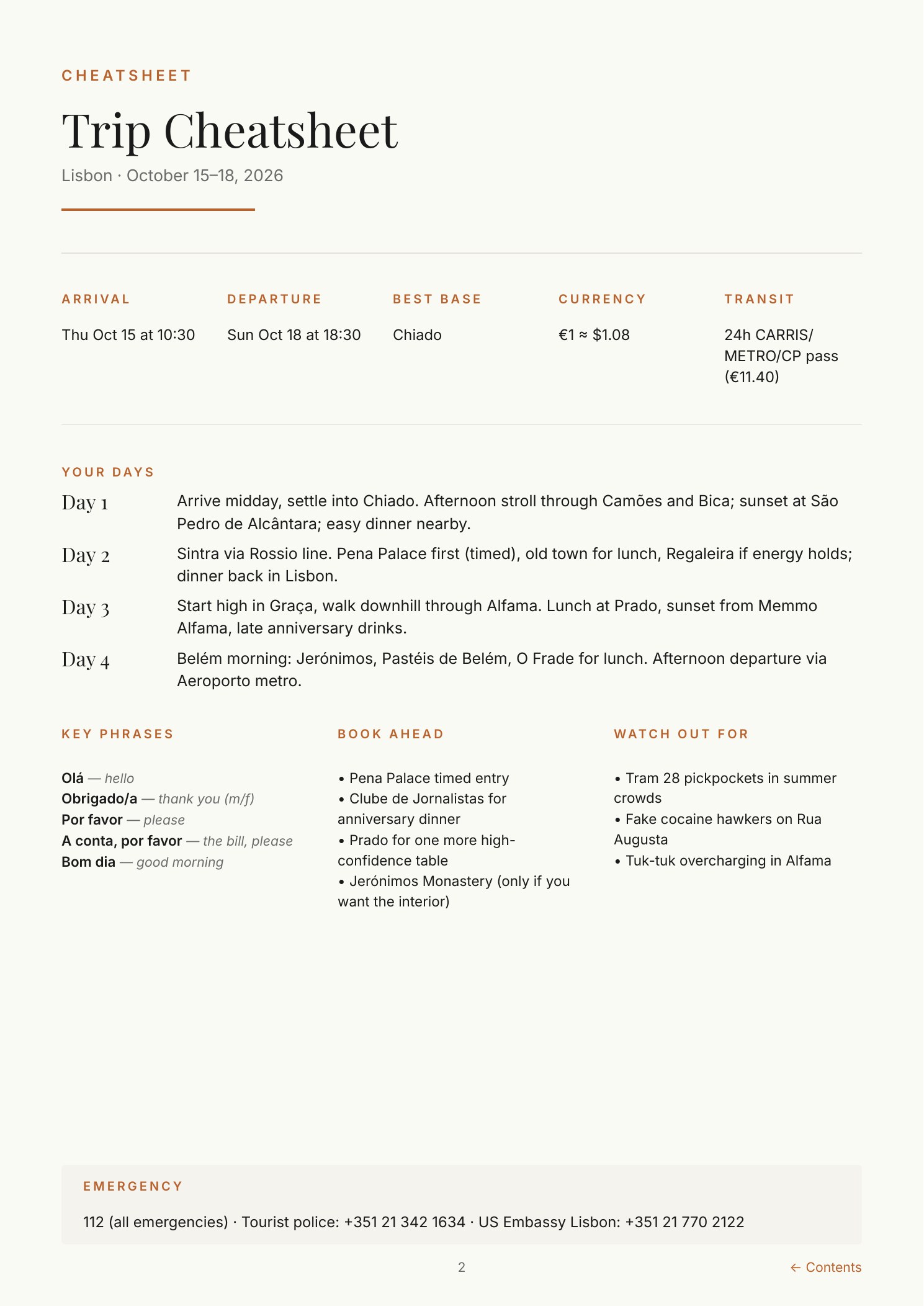 One-page Trip Cheatsheet — arrival, days, key phrases, emergency info