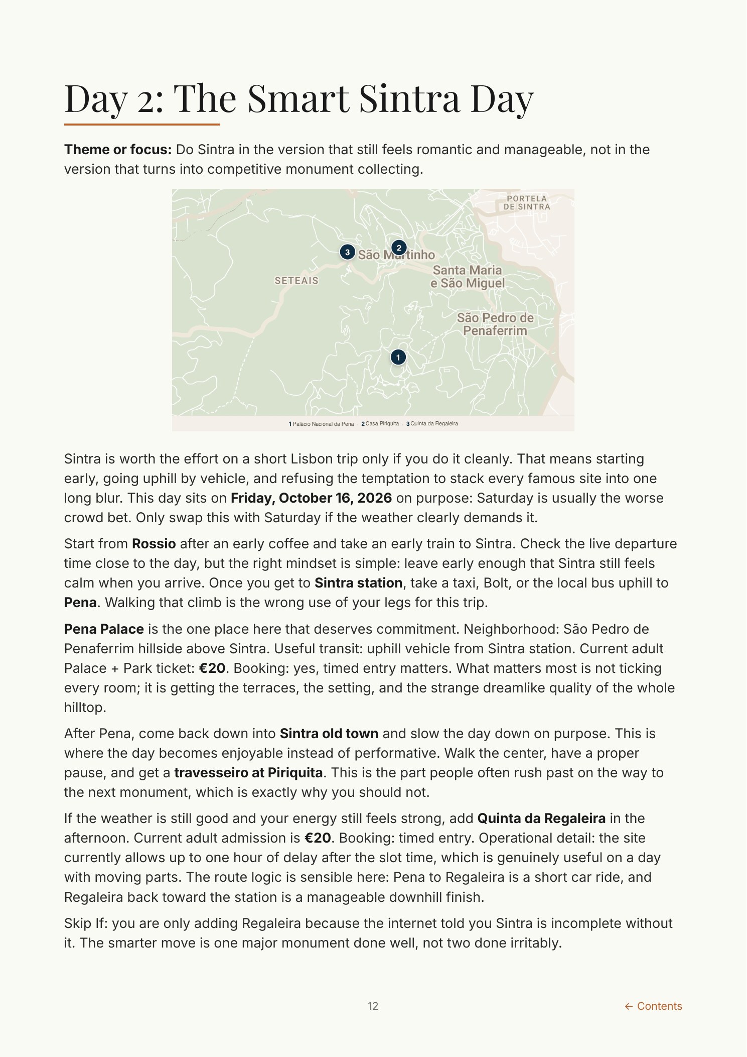 Day 2 itinerary page with an embedded Sintra map